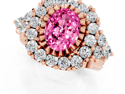 Rose gold Oval Cut Pink Sapphire Halo Ring with Pavé Band and Four-Prong Setting_13