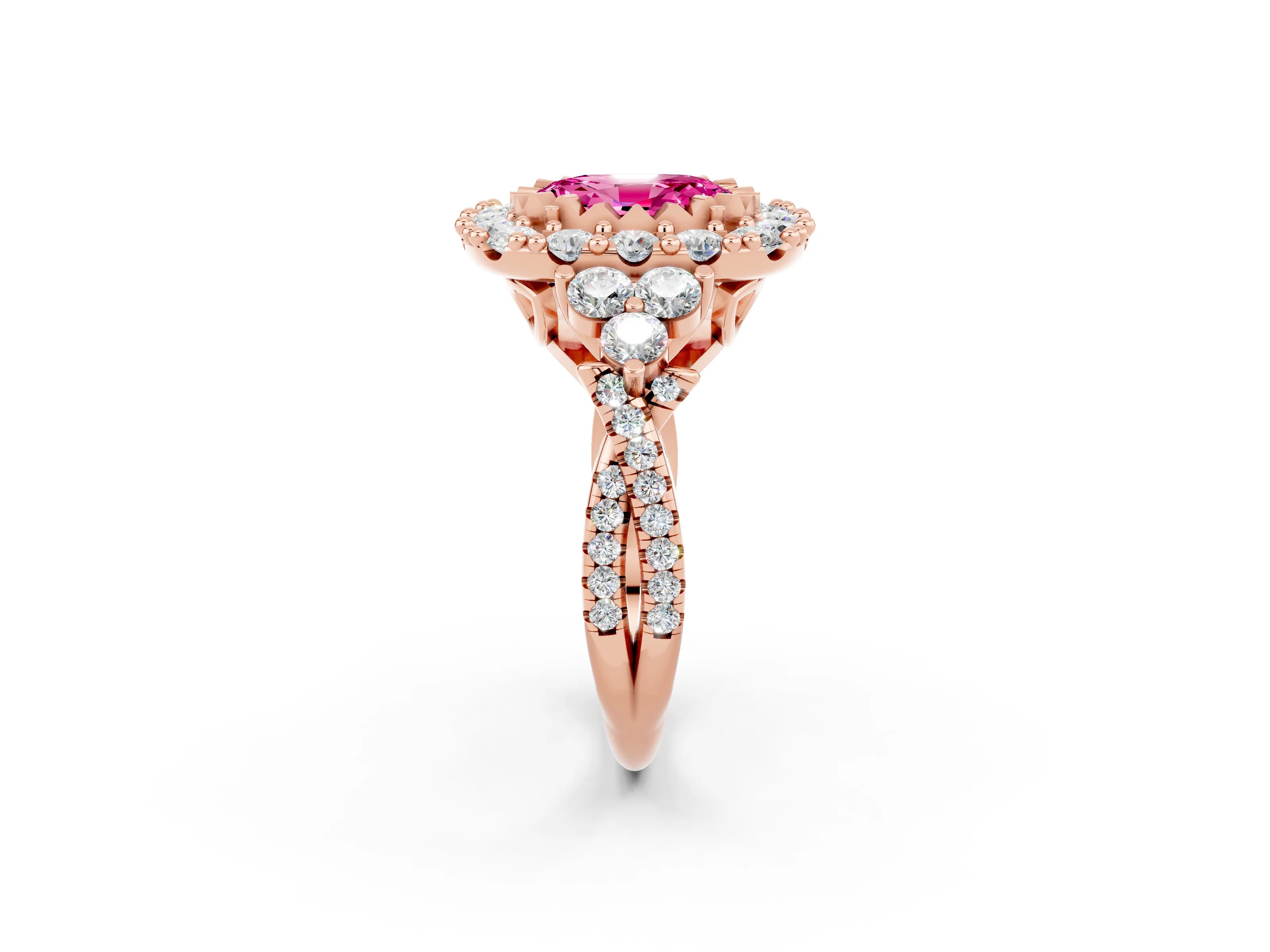 Rose gold Oval Cut Pink Sapphire Halo Ring with Pavé Band and Four-Prong Setting_14
