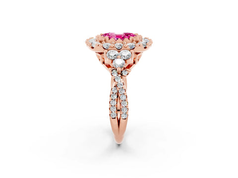 Rose gold Oval Cut Pink Sapphire Halo Ring with Pavé Band and Four-Prong Setting_14