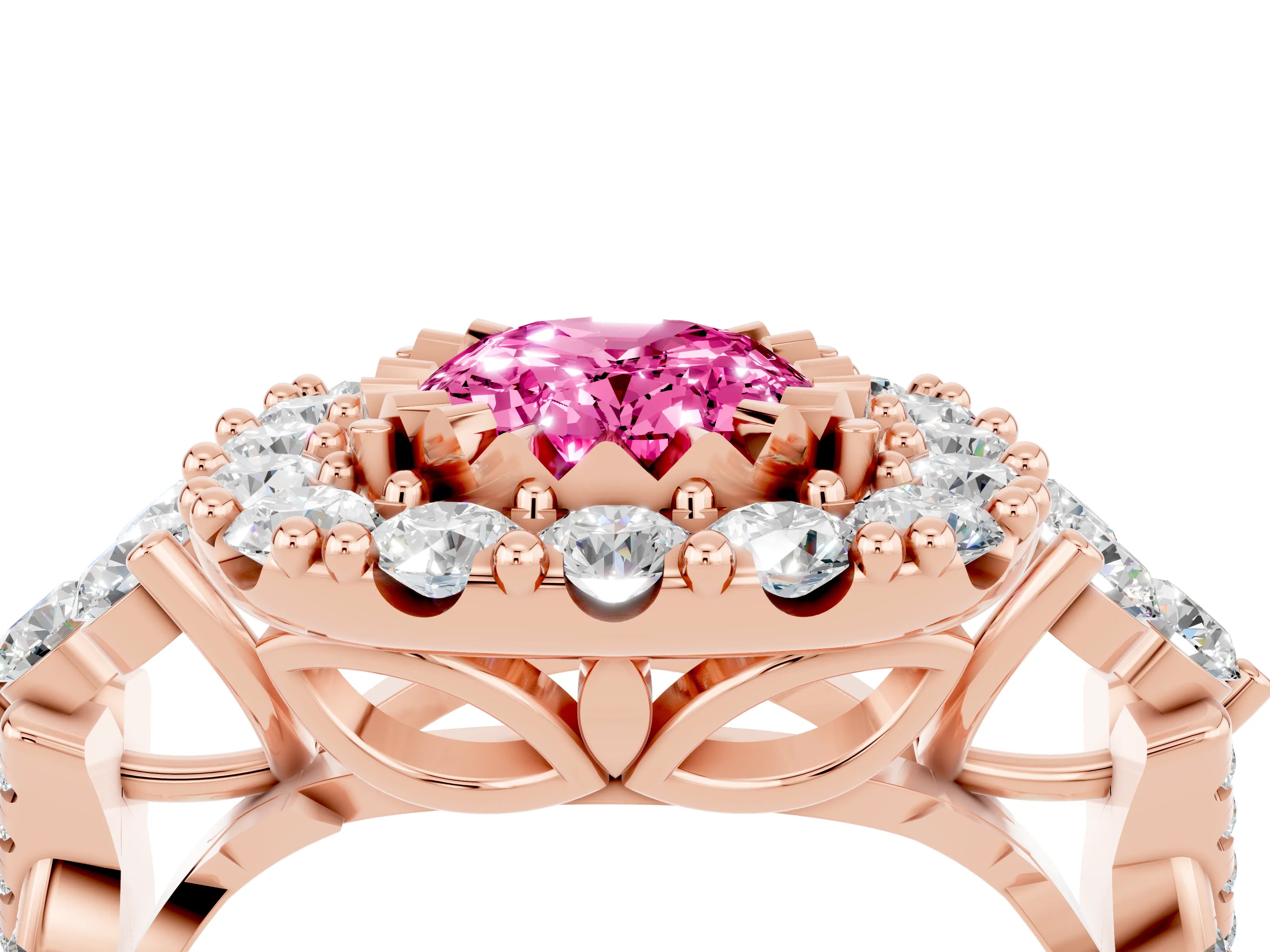 Rose gold Oval Cut Pink Sapphire Halo Ring with Pavé Band and Four-Prong Setting_16