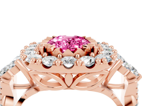Rose gold Oval Cut Pink Sapphire Halo Ring with Pavé Band and Four-Prong Setting_16