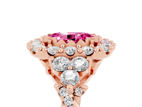 Rose gold Oval Cut Pink Sapphire Halo Ring with Pavé Band and Four-Prong Setting_17