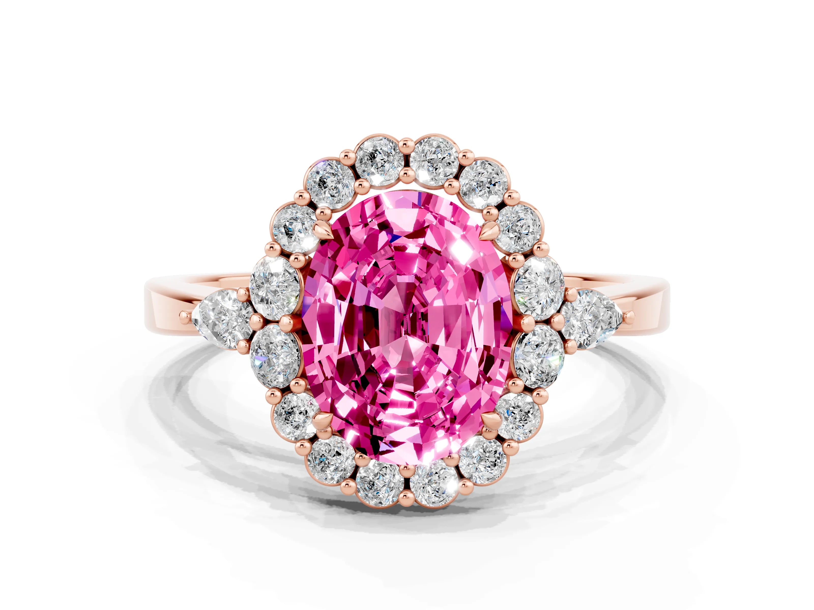 Rose gold Oval Cut Pink Sapphire Halo Ring with Pear Side Stones and Prong Setting_12