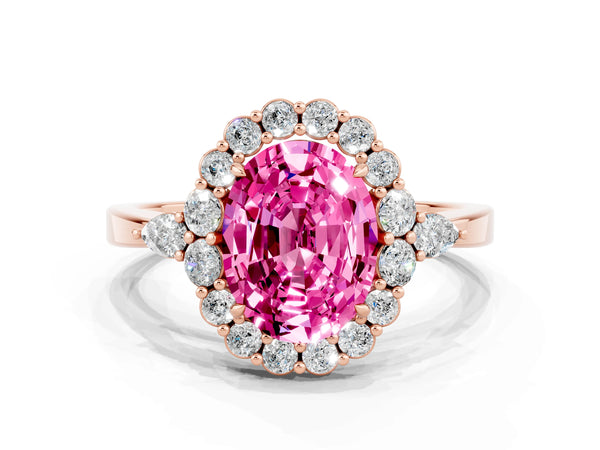 Rose gold Oval Cut Pink Sapphire Halo Ring with Pear Side Stones and Prong Setting