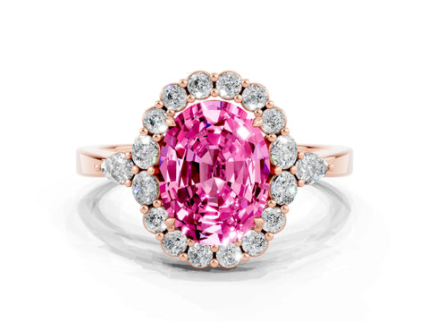 Rose gold Oval Cut Pink Sapphire Halo Ring with Pear Side Stones and Prong Setting_12
