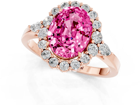 Rose gold Oval Cut Pink Sapphire Halo Ring with Pear Side Stones and Prong Setting_13