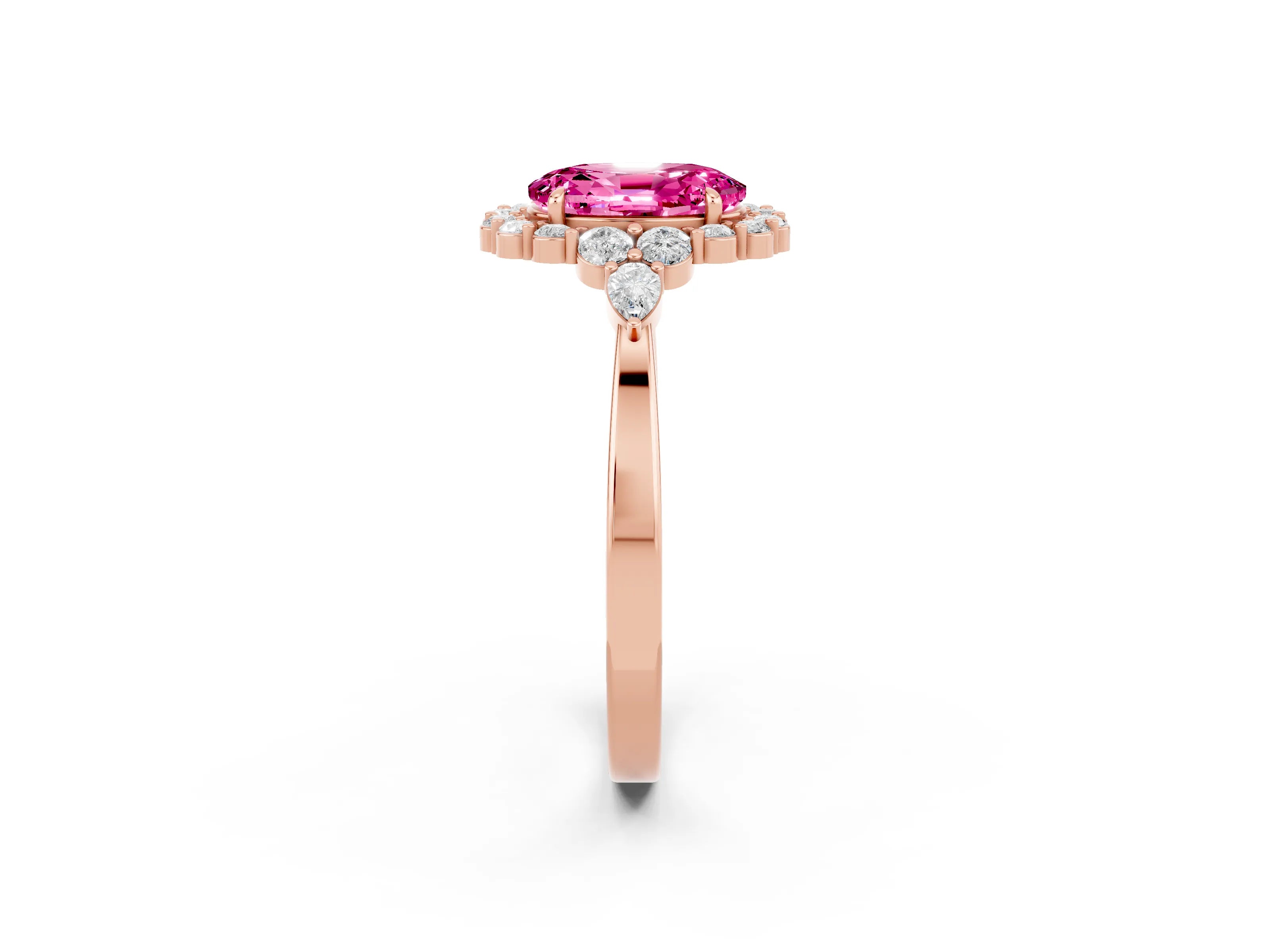 Rose gold Oval Cut Pink Sapphire Halo Ring with Pear Side Stones and Prong Setting_14