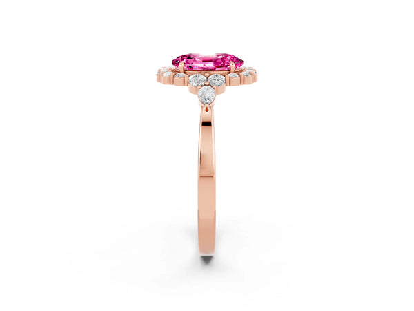 Rose gold Oval Cut Pink Sapphire Halo Ring with Pear Side Stones and Prong Setting