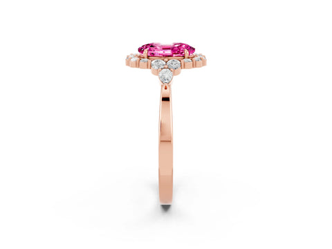 Rose gold Oval Cut Pink Sapphire Halo Ring with Pear Side Stones and Prong Setting_14