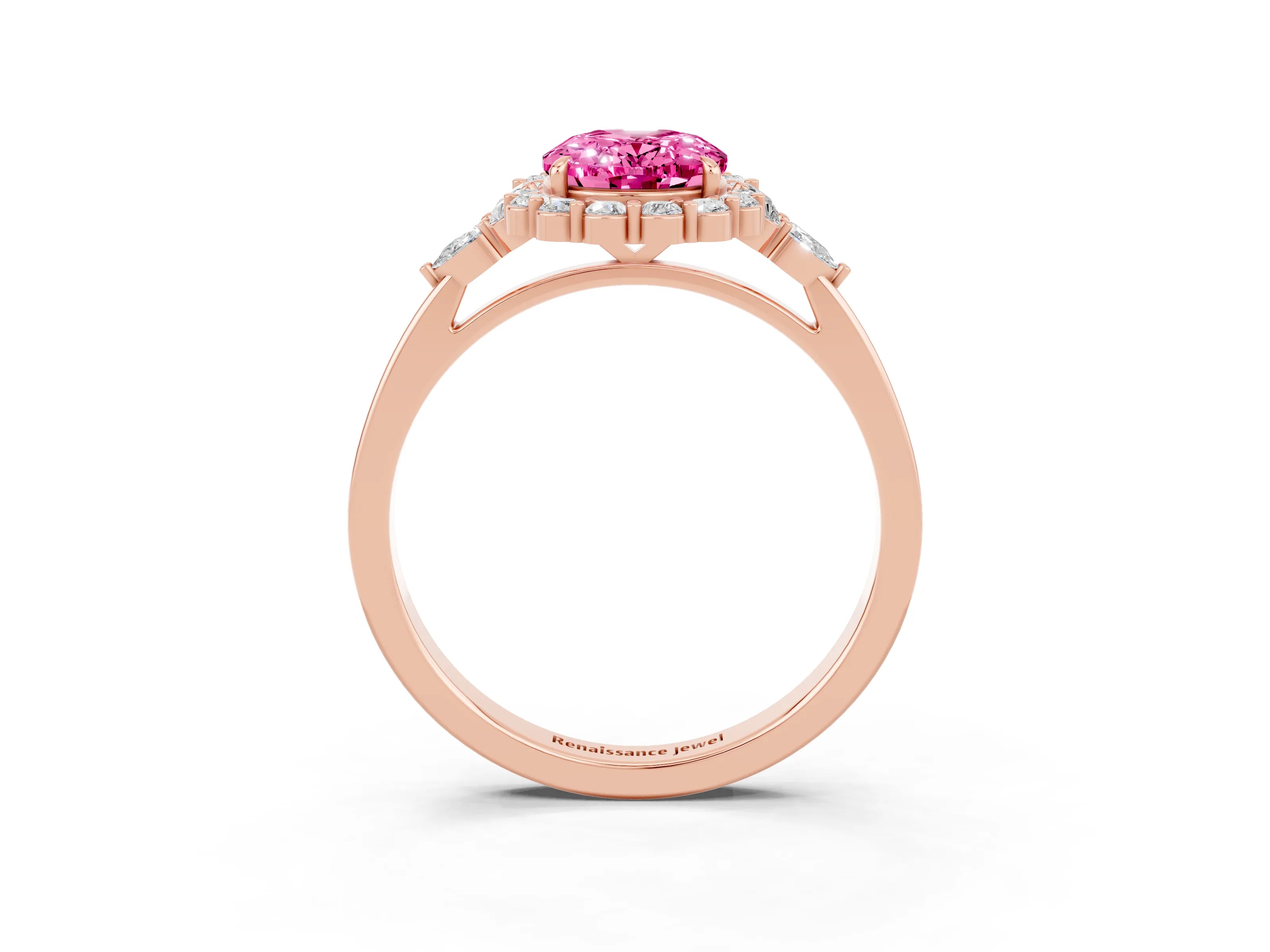 Rose gold Oval Cut Pink Sapphire Halo Ring with Pear Side Stones and Prong Setting_15