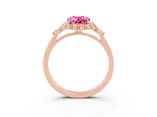 Rose gold Oval Cut Pink Sapphire Halo Ring with Pear Side Stones and Prong Setting