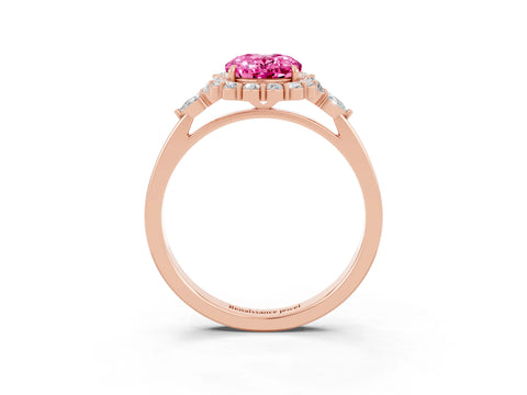 Rose gold Oval Cut Pink Sapphire Halo Ring with Pear Side Stones and Prong Setting_15