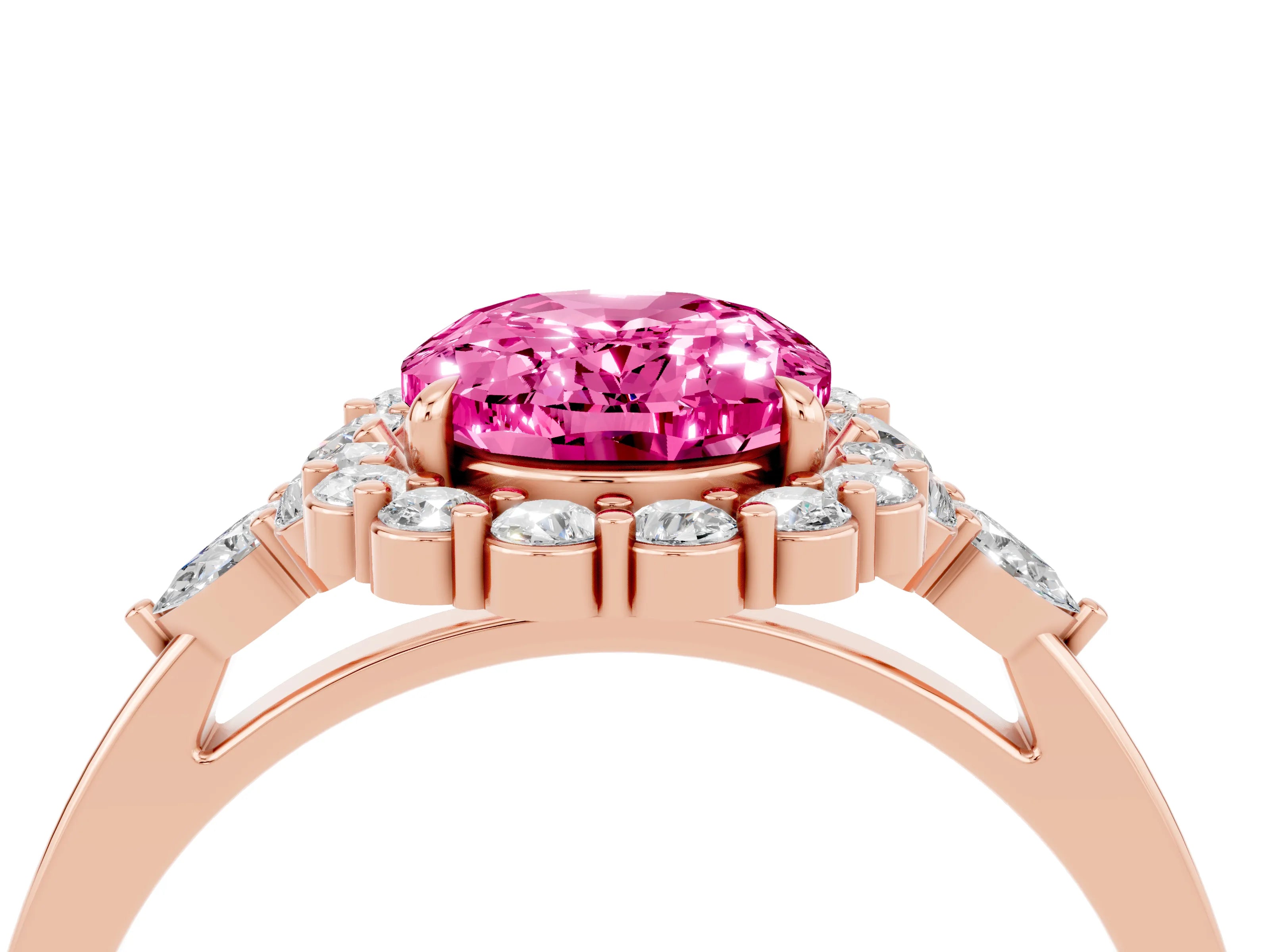 Rose gold Oval Cut Pink Sapphire Halo Ring with Pear Side Stones and Prong Setting_16