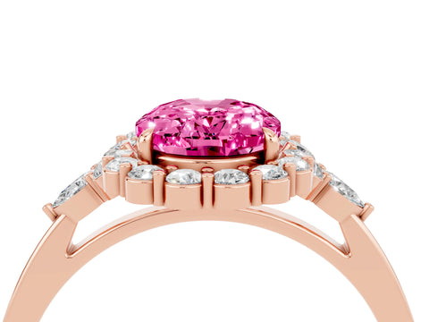 Rose gold Oval Cut Pink Sapphire Halo Ring with Pear Side Stones and Prong Setting_16