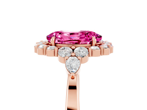 Rose gold Oval Cut Pink Sapphire Halo Ring with Pear Side Stones and Prong Setting_17
