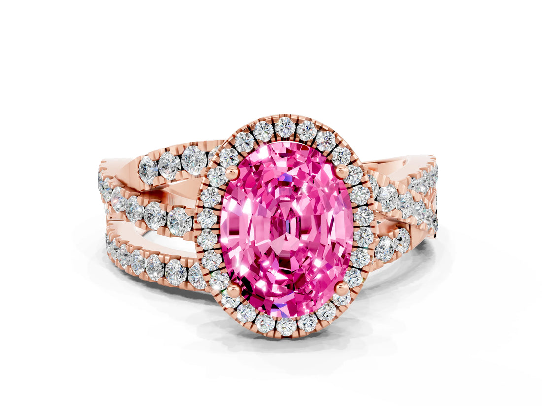 Rose gold Oval Cut Pink Sapphire Halo Ring with Round Split Shank and Prong Setting_48