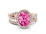 Rose gold Oval Cut Pink Sapphire Halo Ring with Round Split Shank and Prong Setting_48
