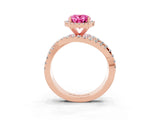 Rose gold Oval Cut Pink Sapphire Halo Ring with Round Split Shank and Prong Setting_51