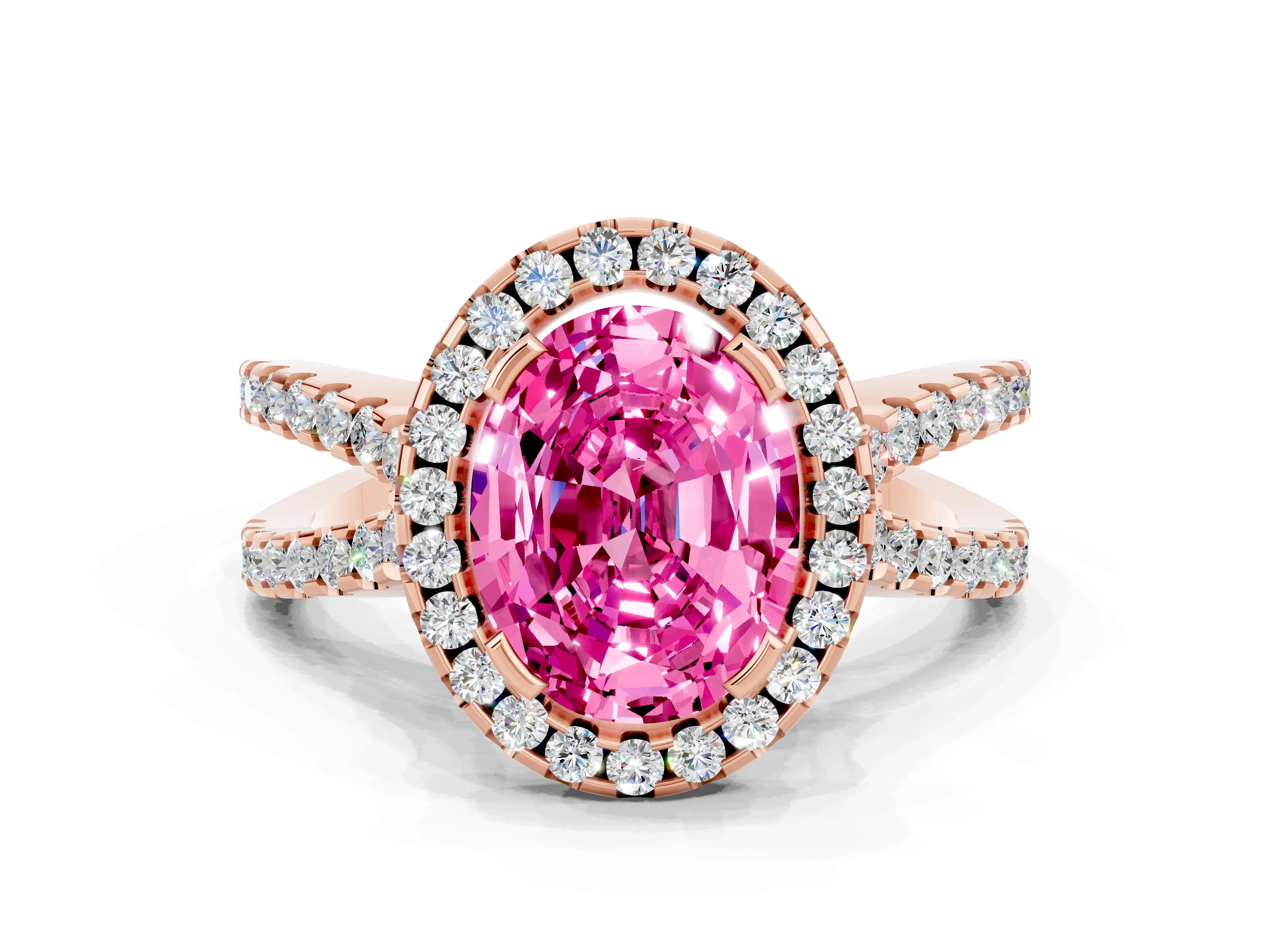 Rose gold Oval Cut Pink Sapphire Halo Ring with Split Shank Pavé Band and Prong Setting_12