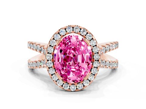 Rose gold Oval Cut Pink Sapphire Halo Ring with Split Shank Pavé Band and Prong Setting_12