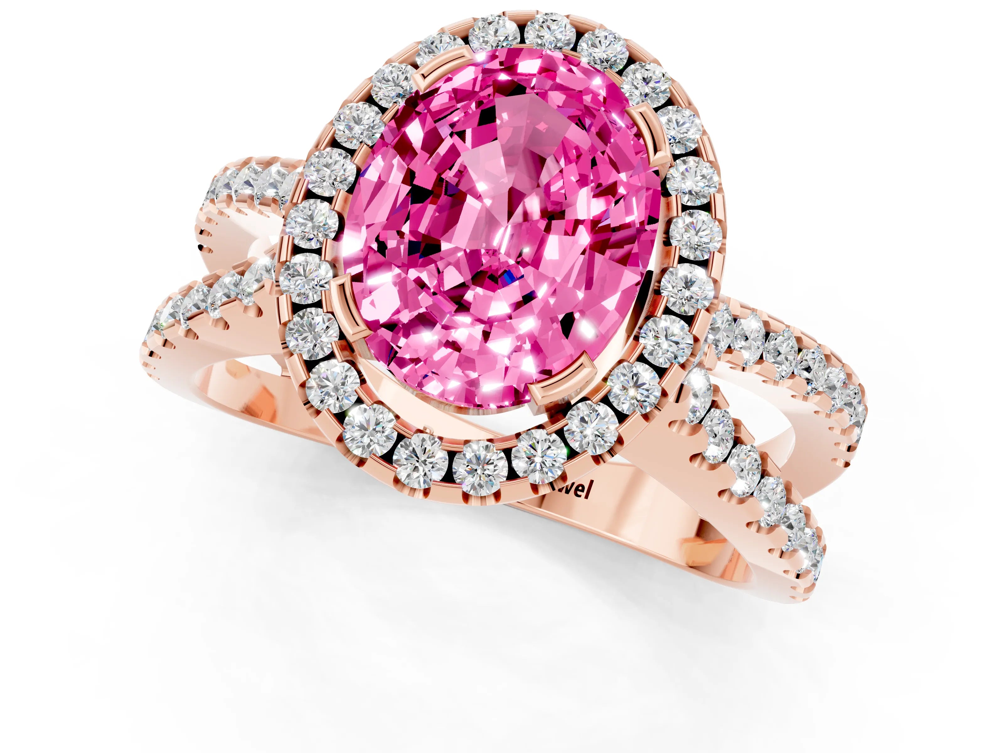 Rose gold Oval Cut Pink Sapphire Halo Ring with Split Shank Pavé Band and Prong Setting_13