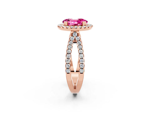 Rose gold Oval Cut Pink Sapphire Halo Ring with Split Shank Pavé Band and Prong Setting_14