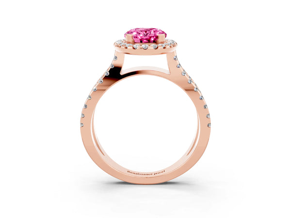 Rose gold Oval Cut Pink Sapphire Halo Ring with Split Shank Pavé Band and Prong Setting