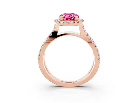 Rose gold Oval Cut Pink Sapphire Halo Ring with Split Shank Pavé Band and Prong Setting_15