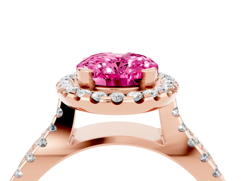 Rose gold Oval Cut Pink Sapphire Halo Ring with Split Shank Pavé Band and Prong Setting_16