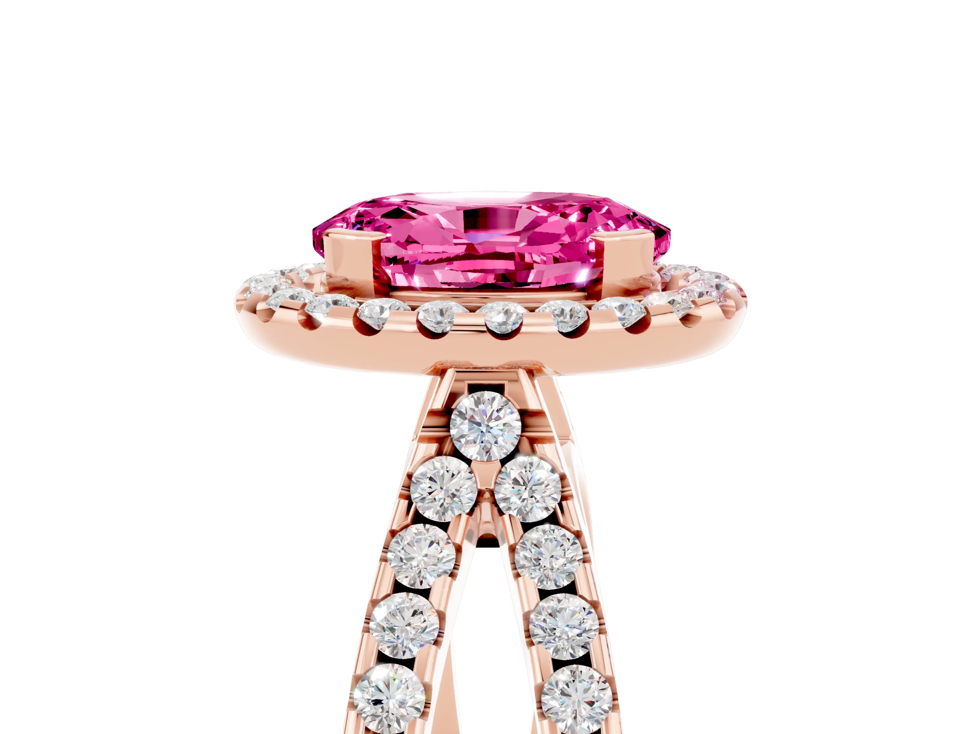 Rose gold Oval Cut Pink Sapphire Halo Ring with Split Shank Pavé Band and Prong Setting_17
