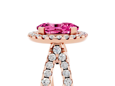 Rose gold Oval Cut Pink Sapphire Halo Ring with Split Shank Pavé Band and Prong Setting_17