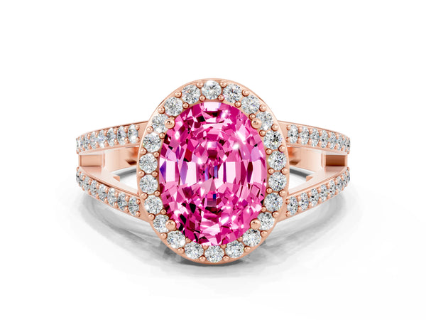 Rose gold Oval Cut Pink Sapphire Halo Ring with Split Shank U-Prong Band and Four-Prong Setting