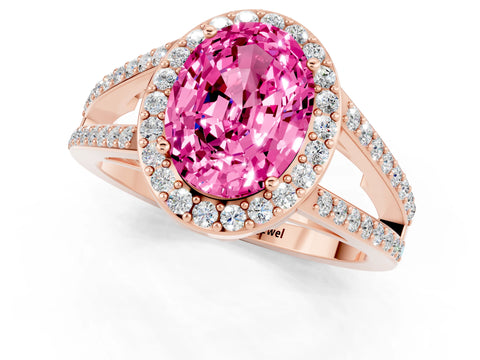 Rose gold Oval Cut Pink Sapphire Halo Ring with Split Shank U-Prong Band and Four-Prong Setting_1