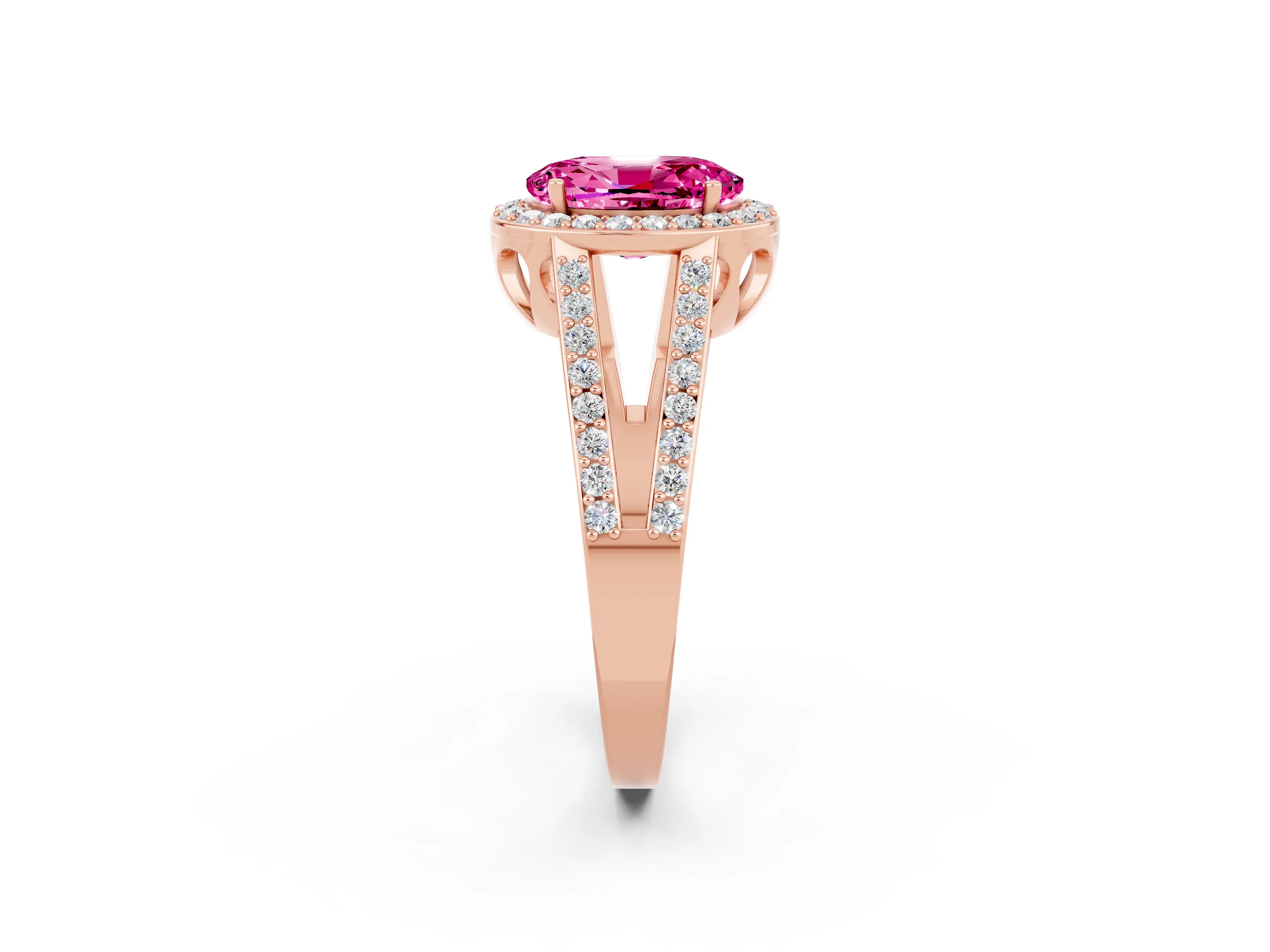 Rose gold Oval Cut Pink Sapphire Halo Ring with Split Shank U-Prong Band and Four-Prong Setting_2