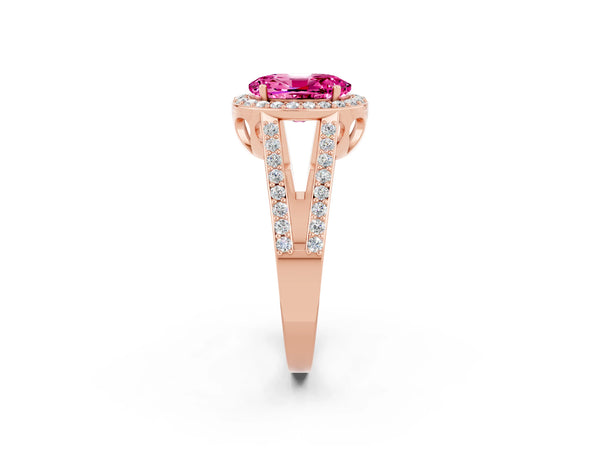 Rose gold Oval Cut Pink Sapphire Halo Ring with Split Shank U-Prong Band and Four-Prong Setting