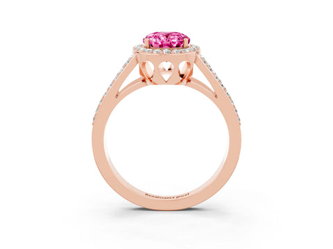 Rose gold Oval Cut Pink Sapphire Halo Ring with Split Shank U-Prong Band and Four-Prong Setting_3