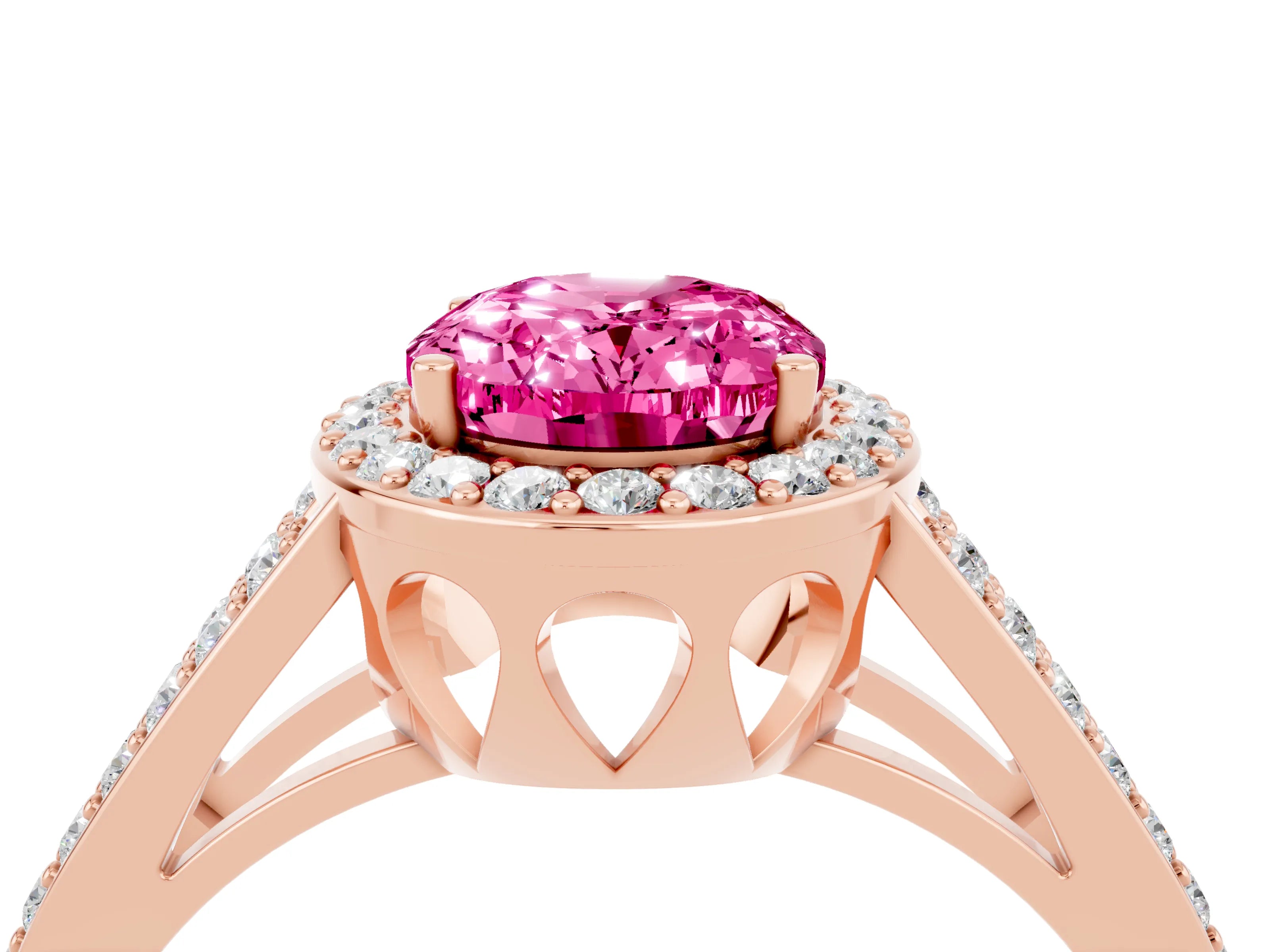 Rose gold Oval Cut Pink Sapphire Halo Ring with Split Shank U-Prong Band and Four-Prong Setting_4