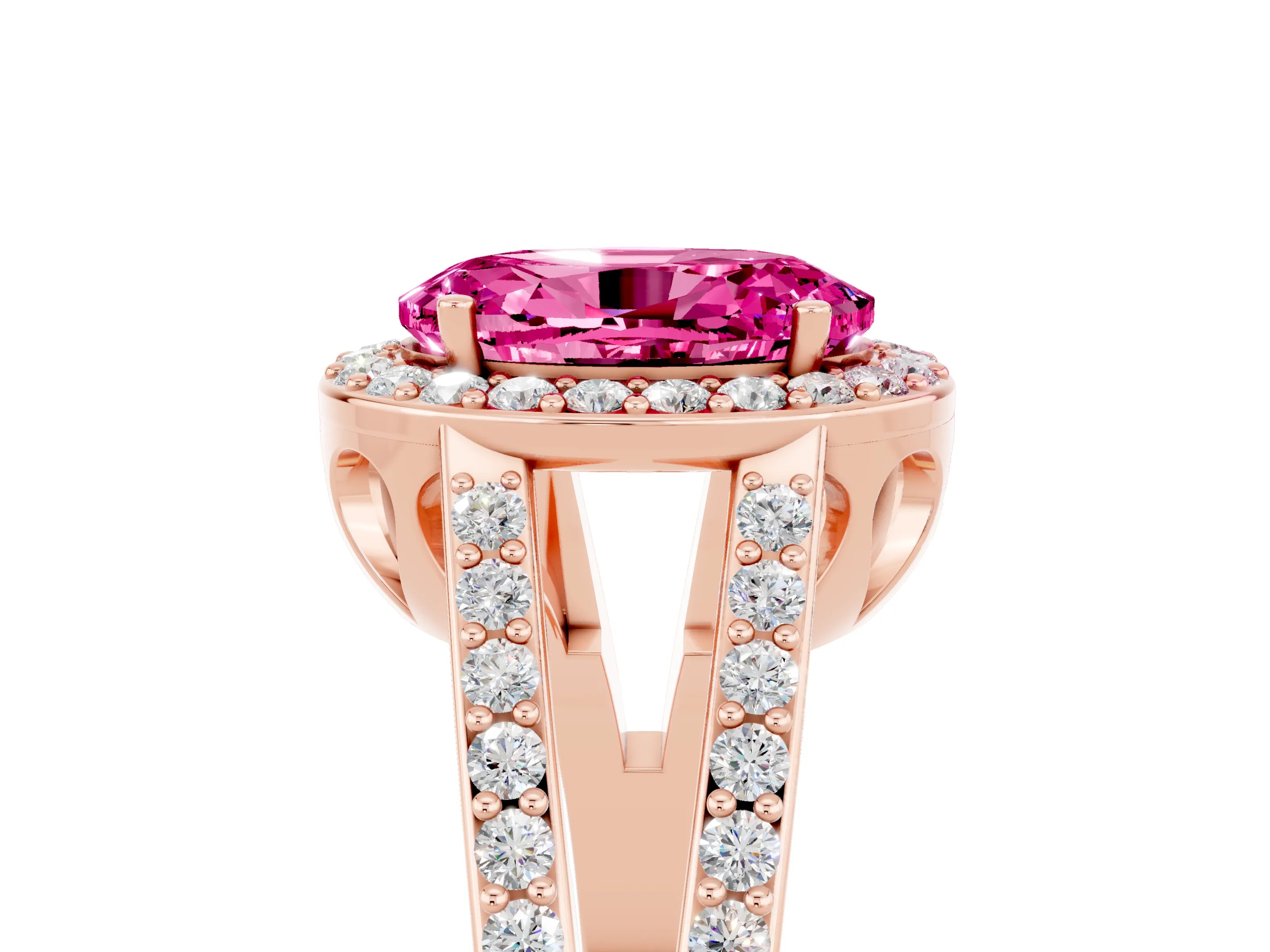 Rose gold Oval Cut Pink Sapphire Halo Ring with Split Shank U-Prong Band and Four-Prong Setting_5