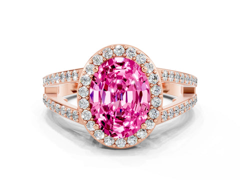 Rose gold Oval Cut Pink Sapphire Halo Ring with Split Shank U-Prong Band and Four-Prong Setting
