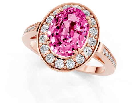 Rose gold Oval Cut Pink Sapphire Halo Ring with Split Shank and Four-Prong Setting_1