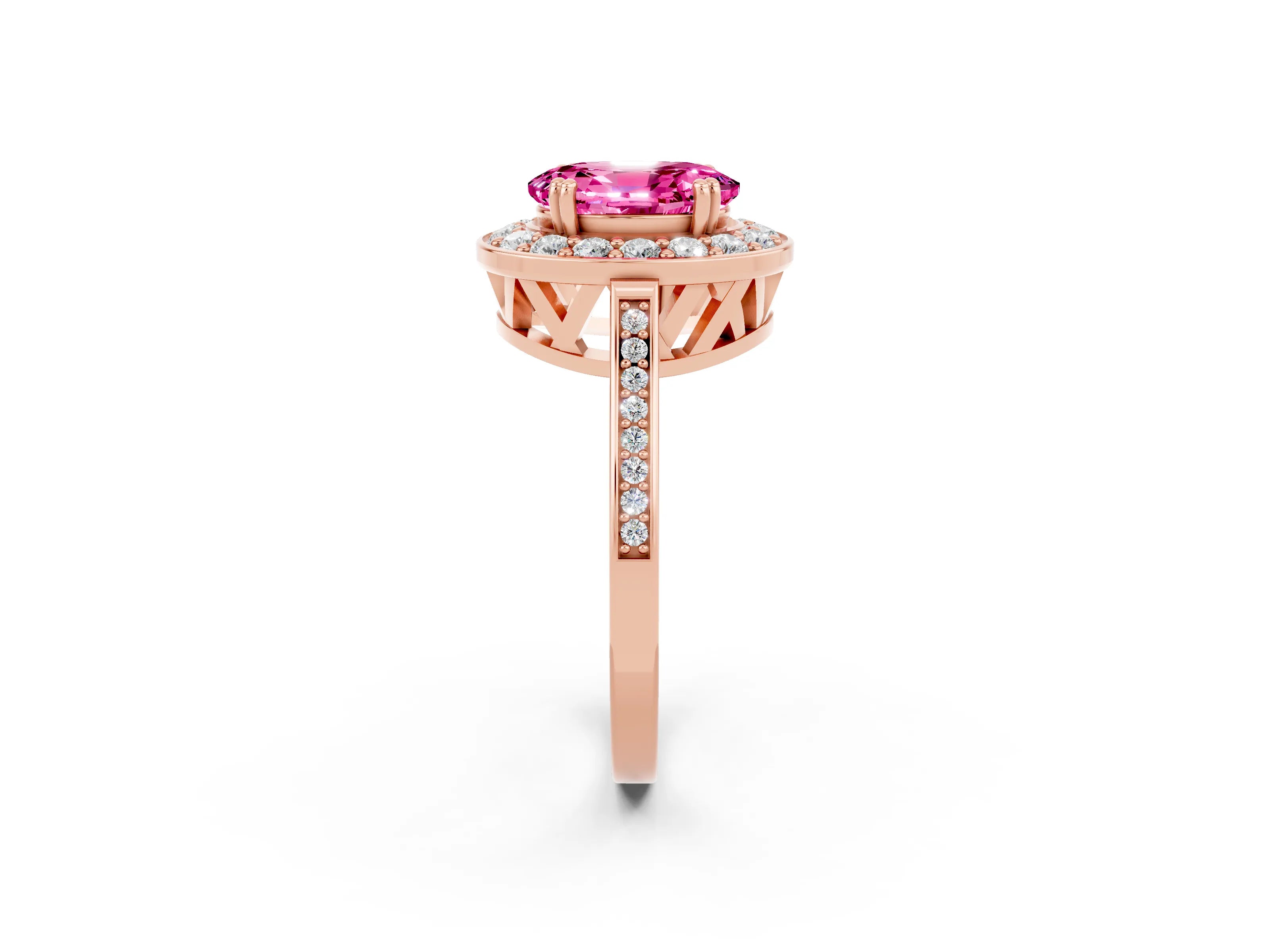 Rose gold Oval Cut Pink Sapphire Halo Ring with Split Shank and Four-Prong Setting_2