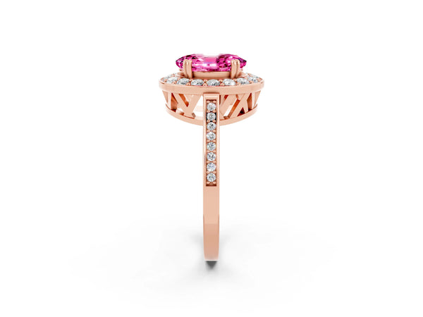Rose gold Oval Cut Pink Sapphire Halo Ring with Split Shank and Four-Prong Setting