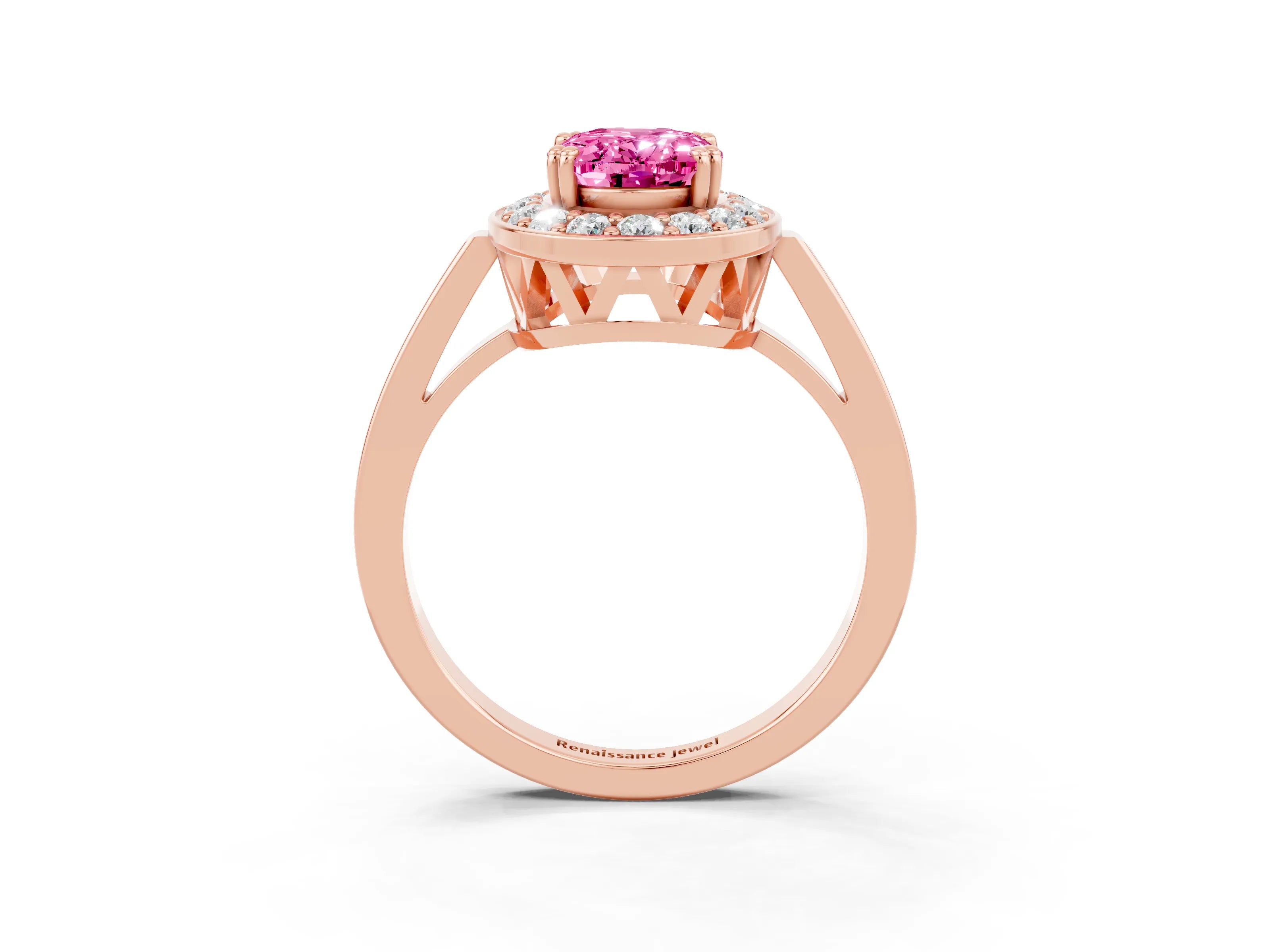 Rose gold Oval Cut Pink Sapphire Halo Ring with Split Shank and Four-Prong Setting_3