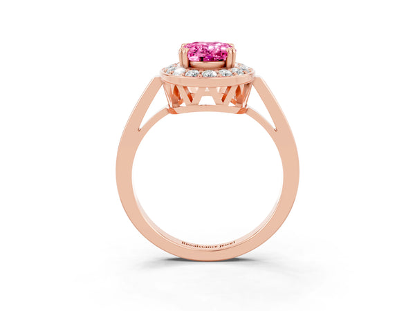 Rose gold Oval Cut Pink Sapphire Halo Ring with Split Shank and Four-Prong Setting