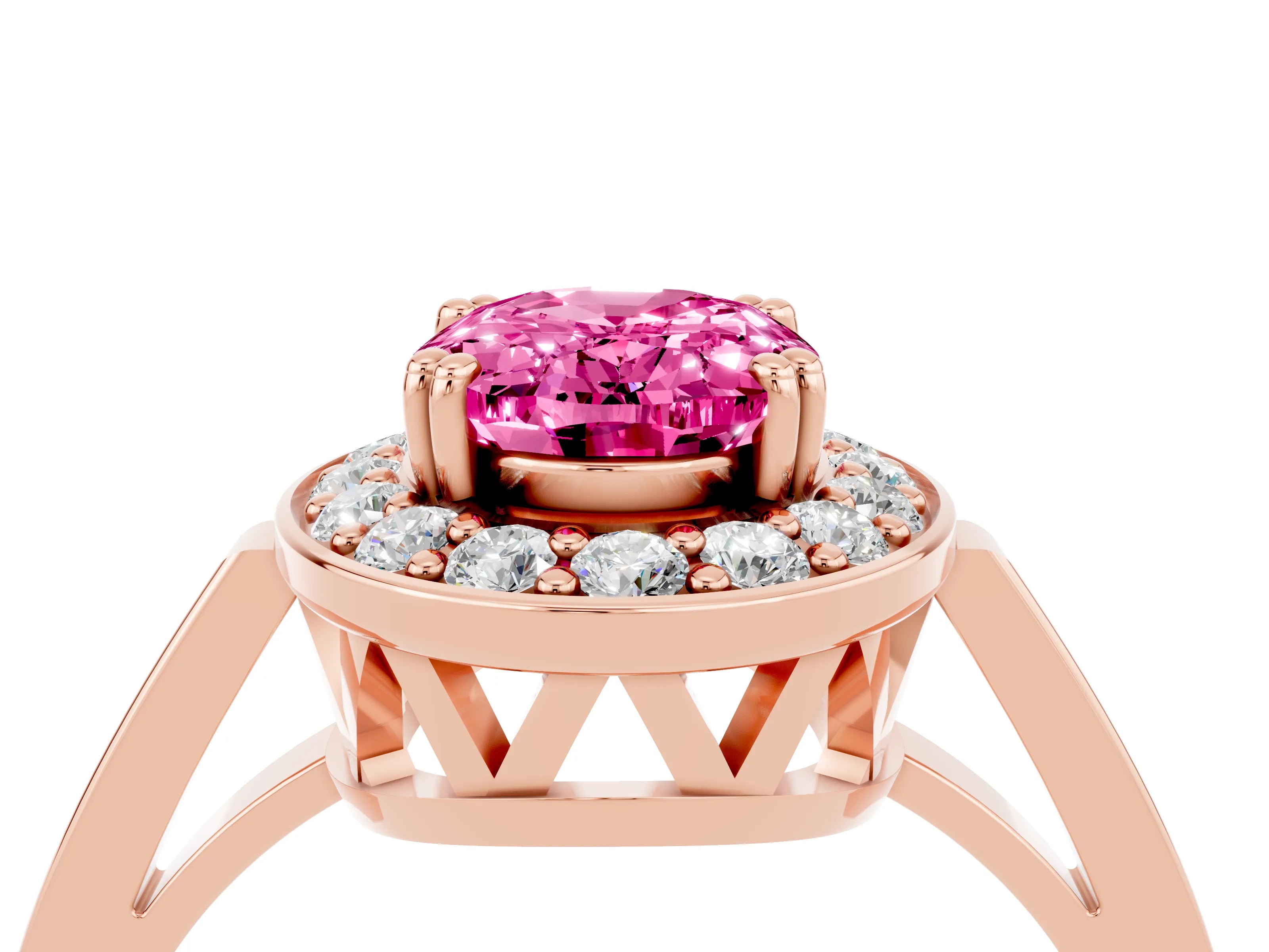 Rose gold Oval Cut Pink Sapphire Halo Ring with Split Shank and Four-Prong Setting_4