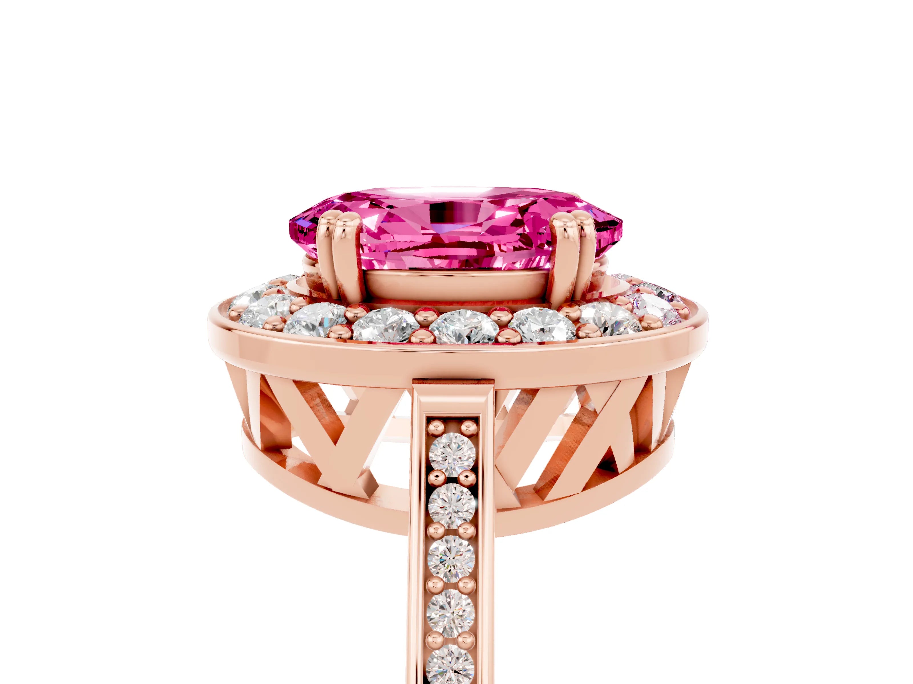 Rose gold Oval Cut Pink Sapphire Halo Ring with Split Shank and Four-Prong Setting_5