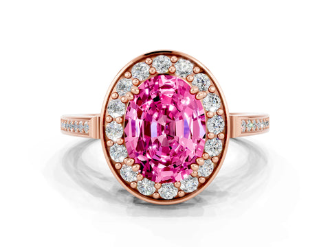 Rose gold Oval Cut Pink Sapphire Halo Ring with Split Shank and Four-Prong Setting