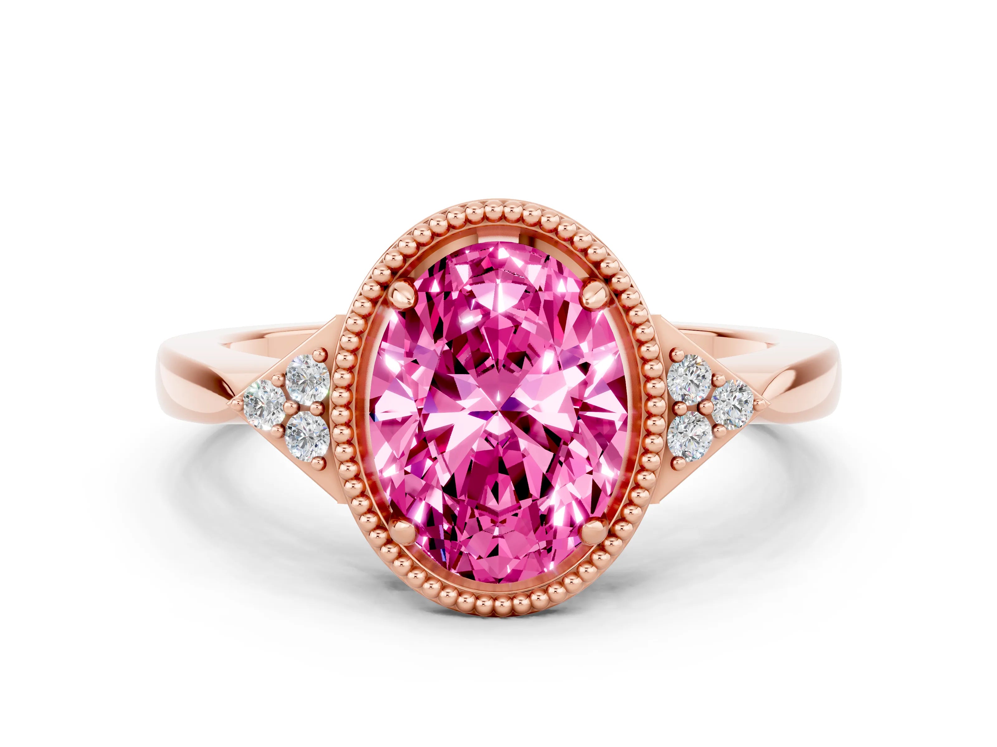Rose gold Oval Cut Pink Sapphire Halo Ring with Tapered Band and Four-Prong Setting