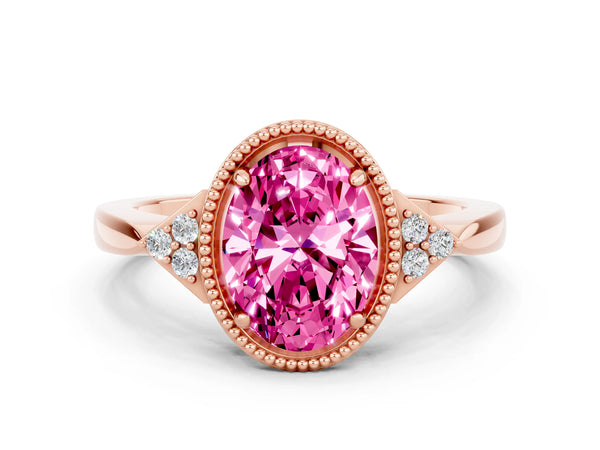 Rose gold Oval Cut Pink Sapphire Halo Ring with Tapered Band and Four-Prong Setting