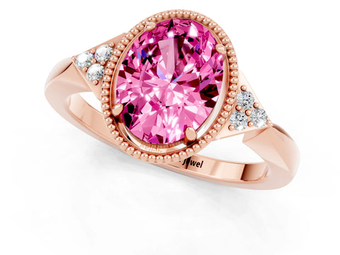 Rose gold Oval Cut Pink Sapphire Halo Ring with Tapered Band and Four-Prong Setting_1